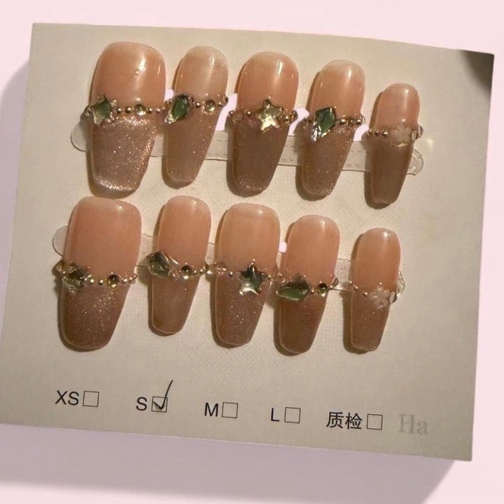 Elegant Nude Press-On Nails with Gold Accents